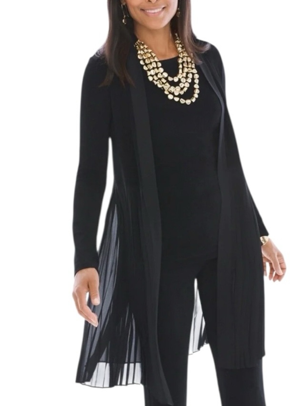 Traveler’s by Chico's Black Knit Open-Front Long Line Pleated Sheer Cardigan (Q)